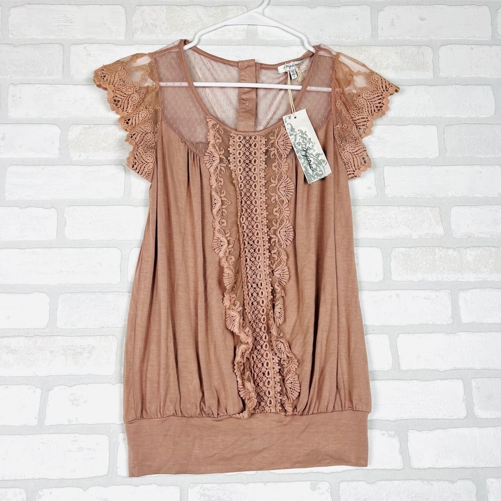 Mystree Mauve Lace Crochet Mesh Flutter Sleeve Blouson Top Small NWT